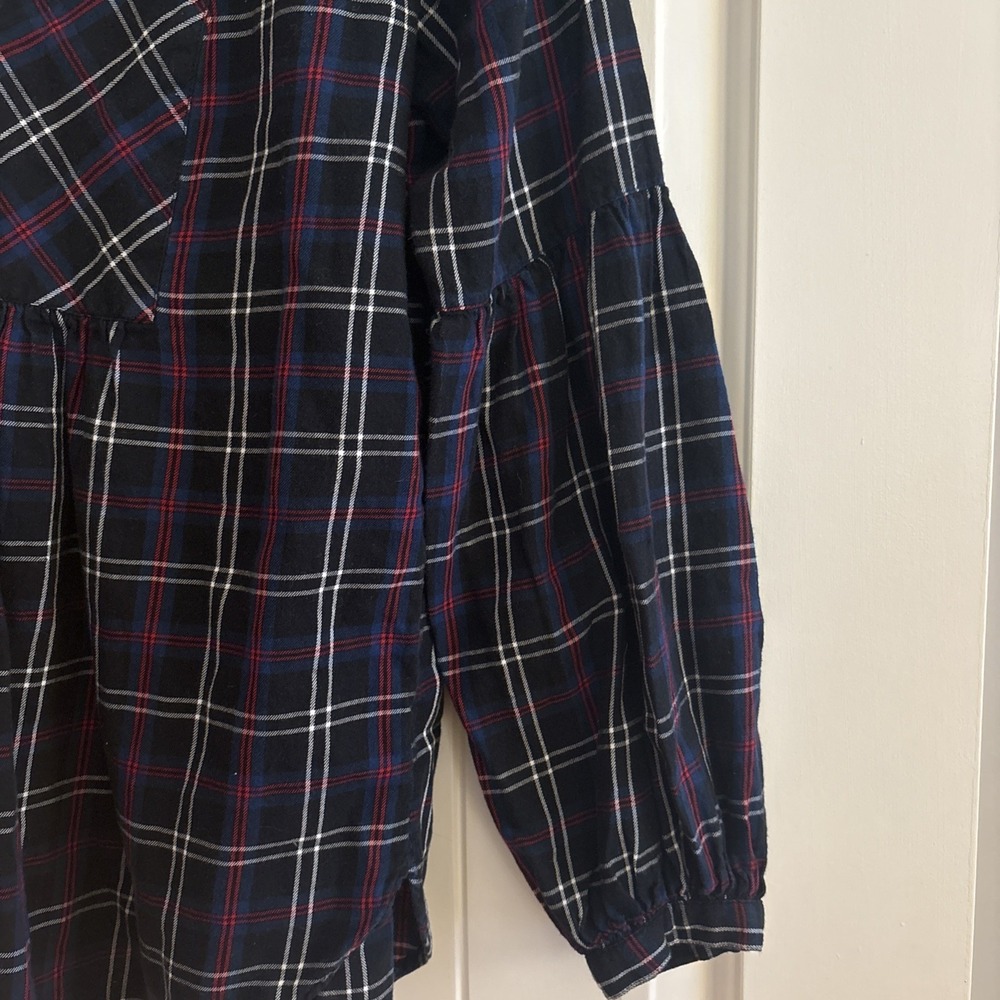 LOFT Plaid Flannel Peasant Blouse Small Navy Red Check Long Sleeve Holiday Top - Picture 3 of 6